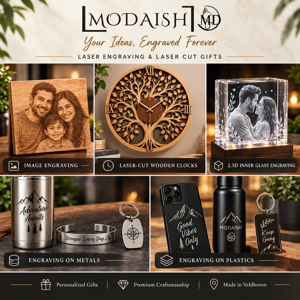MODAISH - Your ideas, engraved forever. Laser engraving and laser cut gifts: image engraving on wood, laser-cut wooden clocks, 2.5D inner glass engraving, engraving on metals and plastics. Made in Veldhoven.
